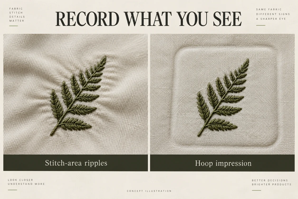 Concept illustration comparing stitch-area ripples with a broader hoop impression on sweatshirt fabric