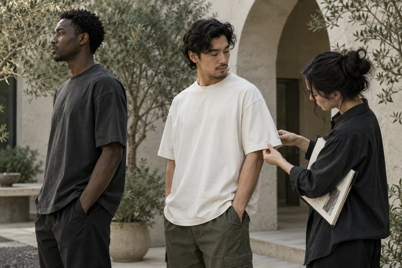 Conceptual fit review with adult models and a designer in an architectural courtyard