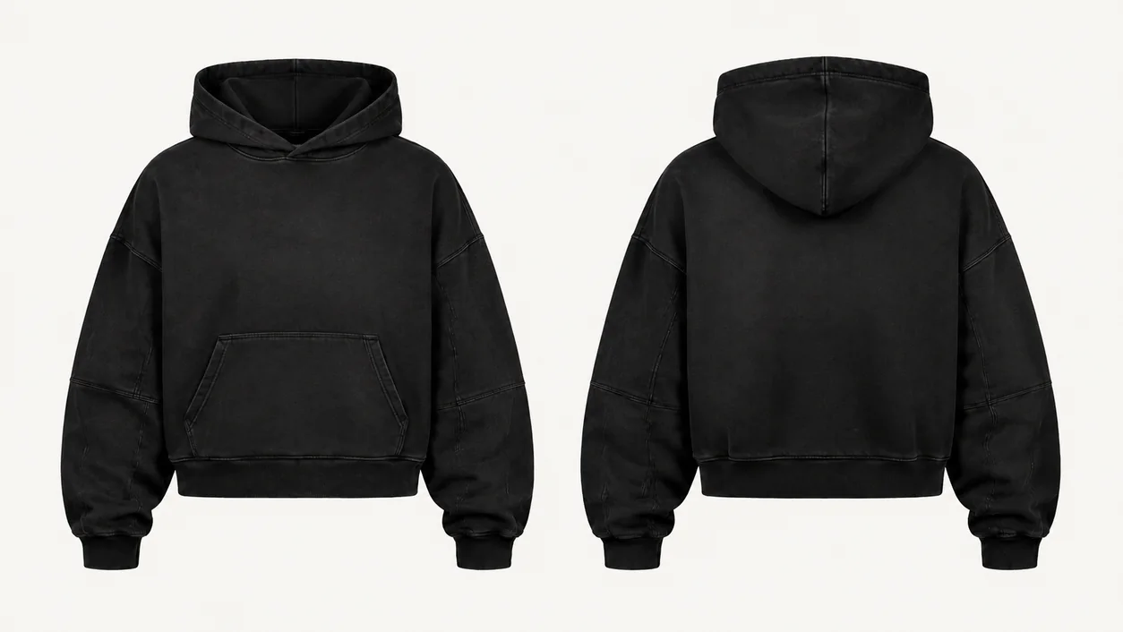 Athletic Rush catalogue illustration of the True Black oversized pullover hoodie showing its front pocket and hooded back