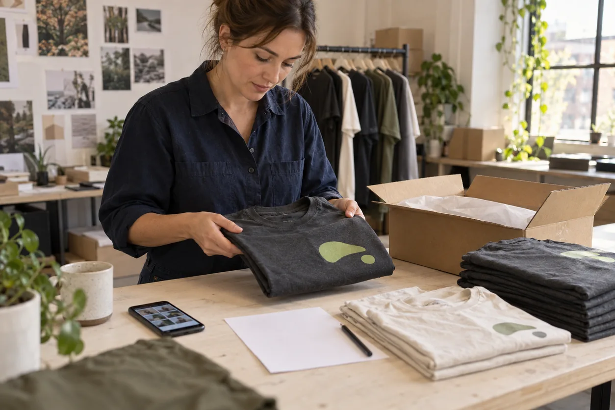 An adult founder reviews a folded charcoal graphic tee beside plain cartons and stone-colored tees