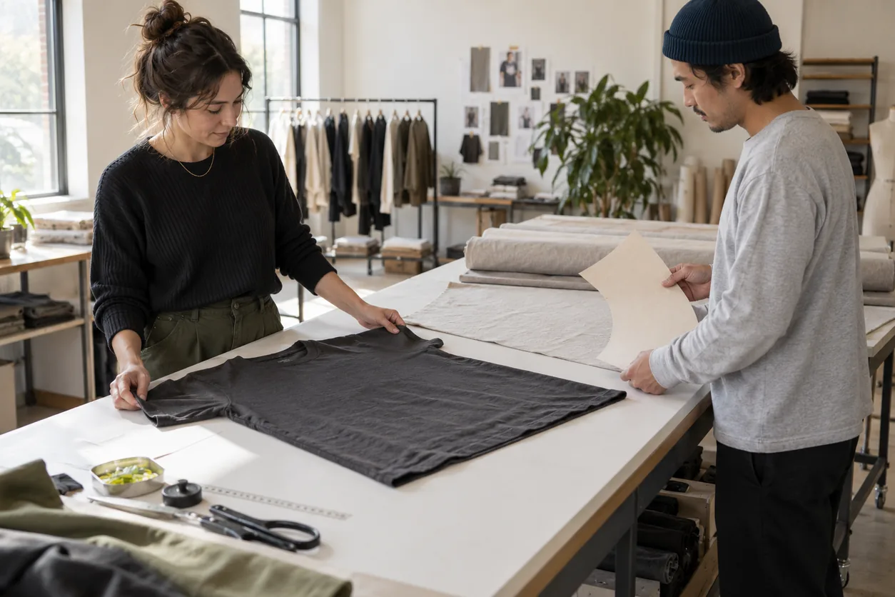 Two adults review a charcoal T-shirt beside uncut fabric and a pattern proposal before production