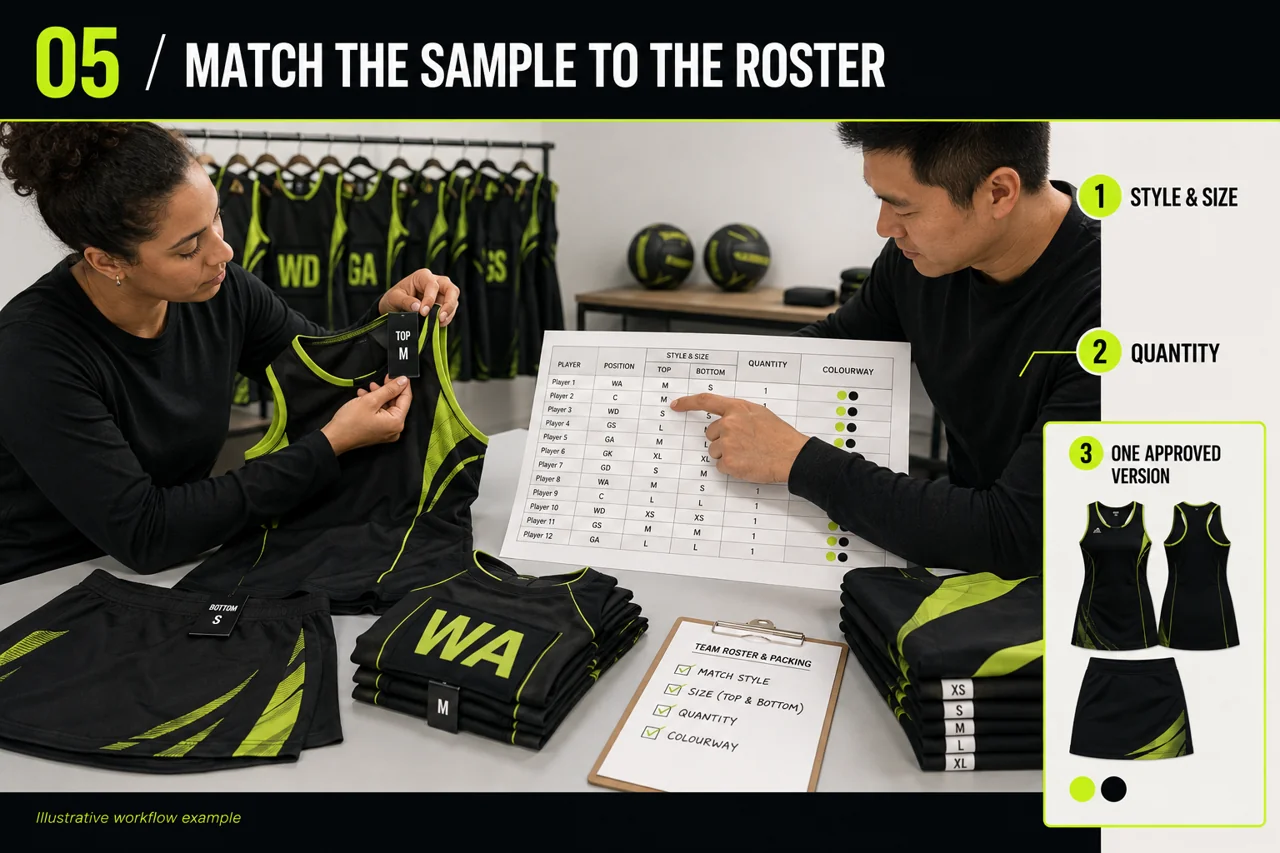 Match the garment style, fit, size and quantity to one controlled roster.