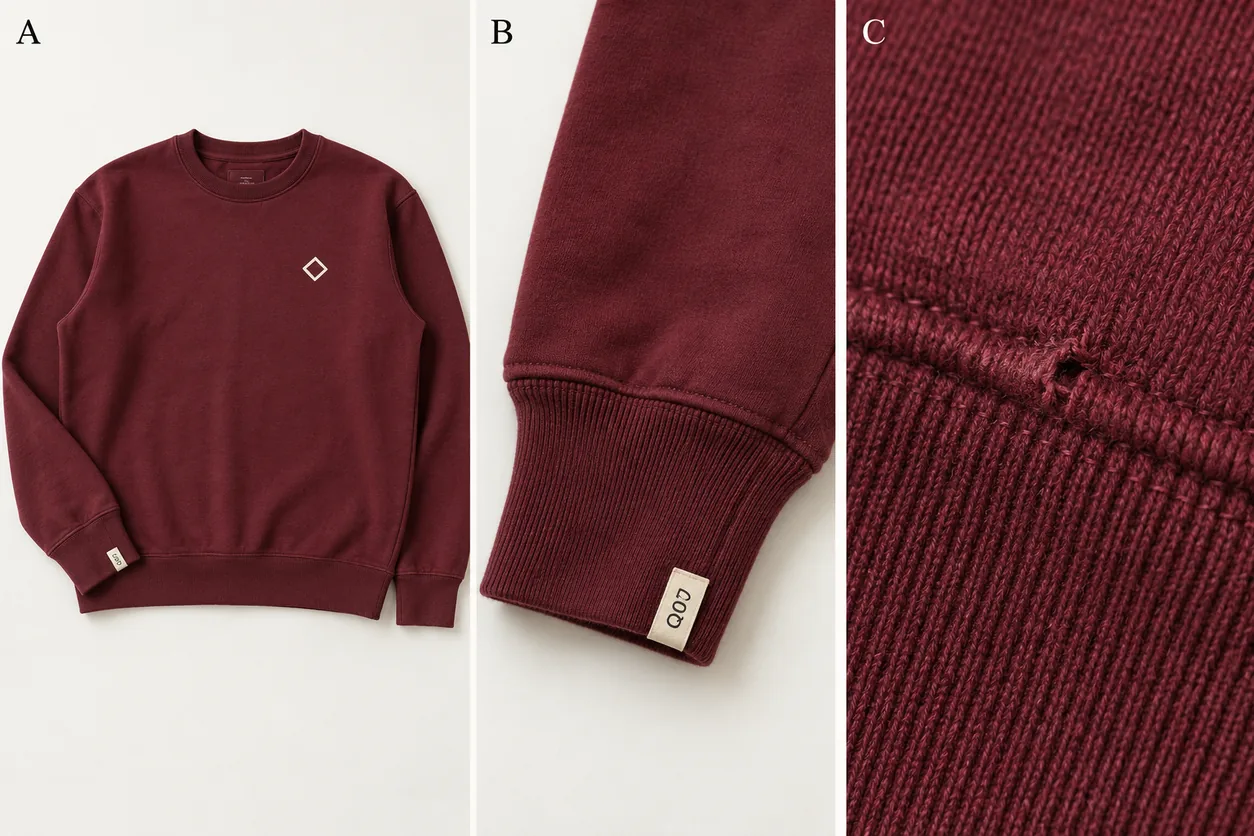 Three conceptual views connect a whole oxblood sweatshirt to its cuff location and a close detail of the same concern