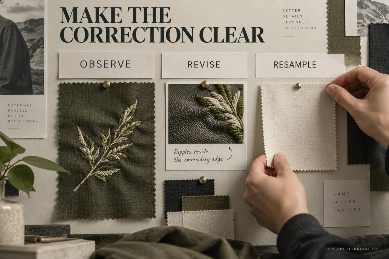 Conceptual revision board connecting a sample observation with a correction and a new sample request