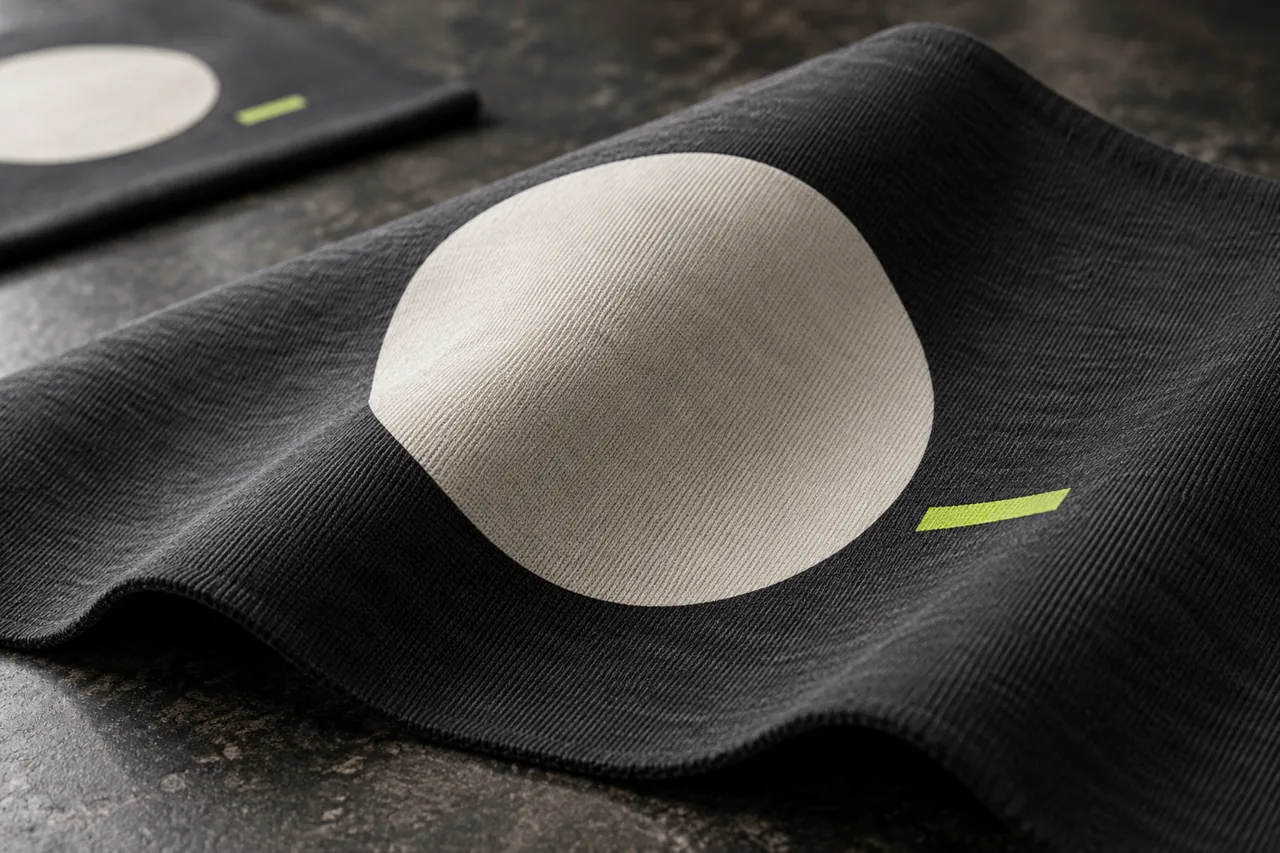 A geometric print on a curved jersey sample illustrates reviewing decorated and undecorated fabric together