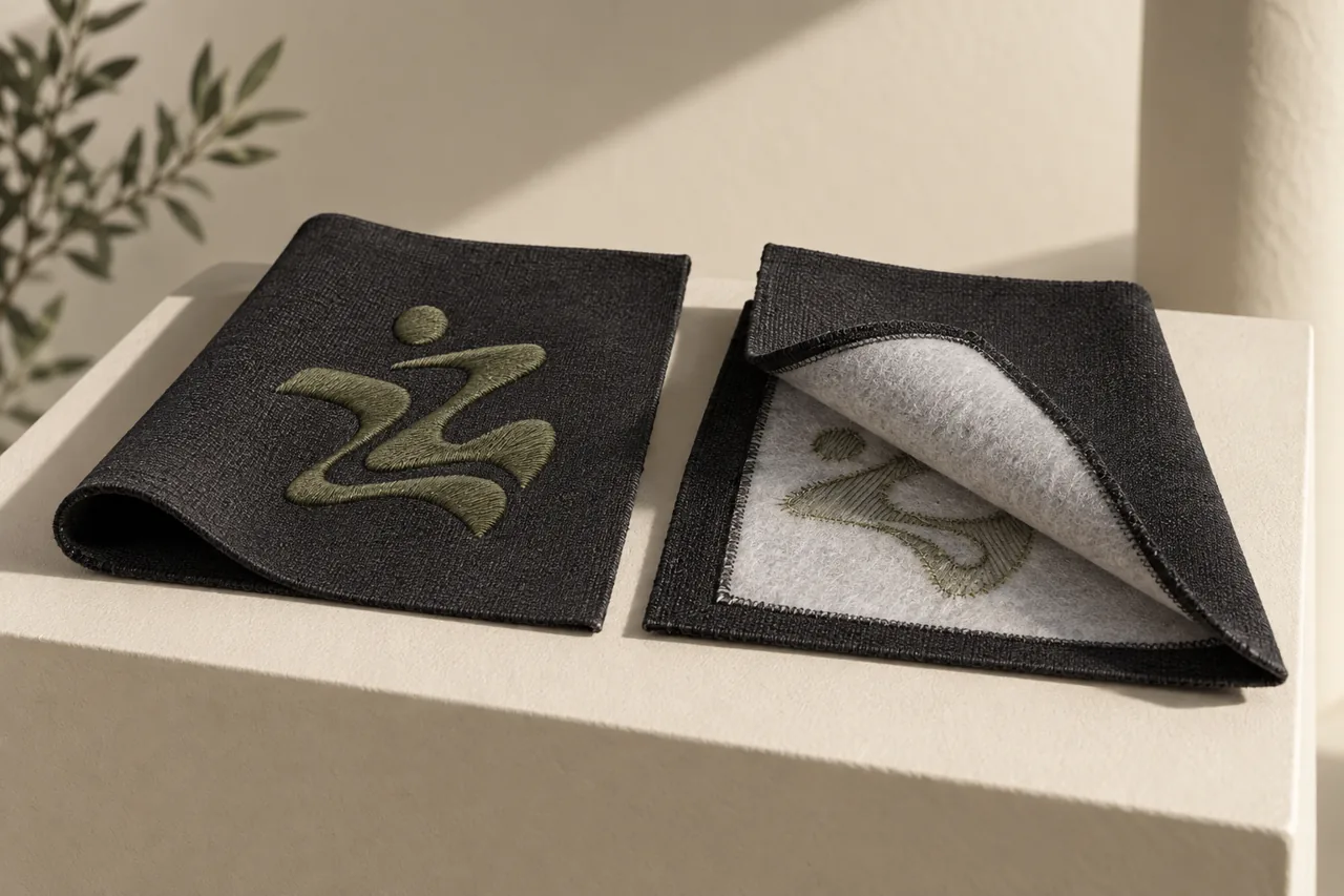 Conceptual front-and-reverse fabric study showing an embroidered emblem and trimmed backing