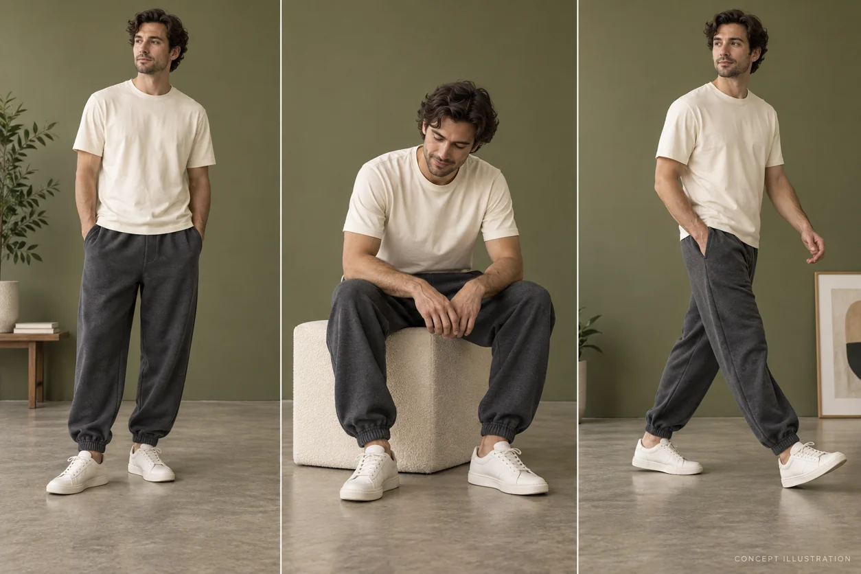 The same conceptual jogger outfit reviewed while standing, sitting and taking a step