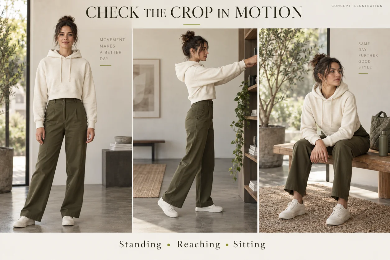 Conceptual standing, reaching and seated fitting sequence for an adult wearing a cropped hoodie with high-waisted trousers