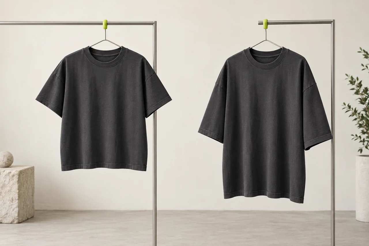 Two conceptual T-shirt samples on separate rails show contrasting sleeve lengths and overall proportions for a comparison discussion