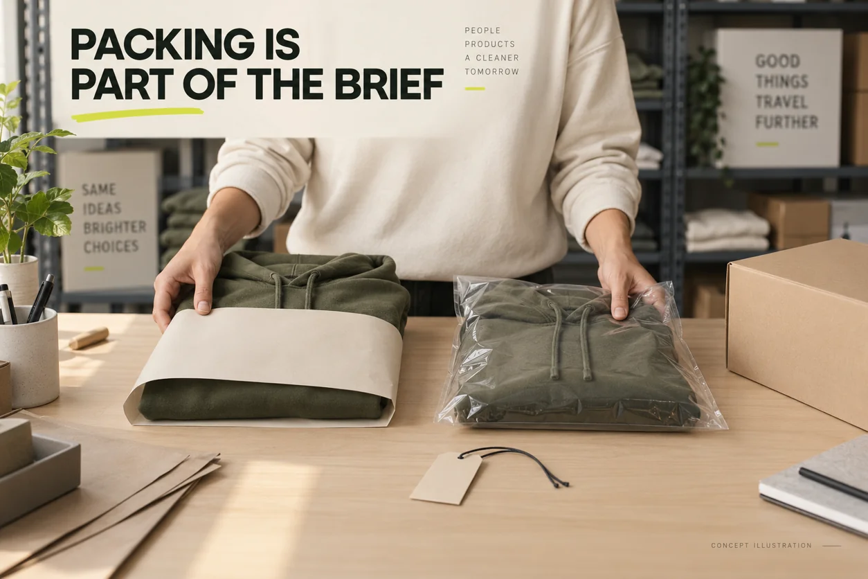 Conceptual packing bench comparing a folded hoodie, garment bag, paper sleeve, hangtag and carton