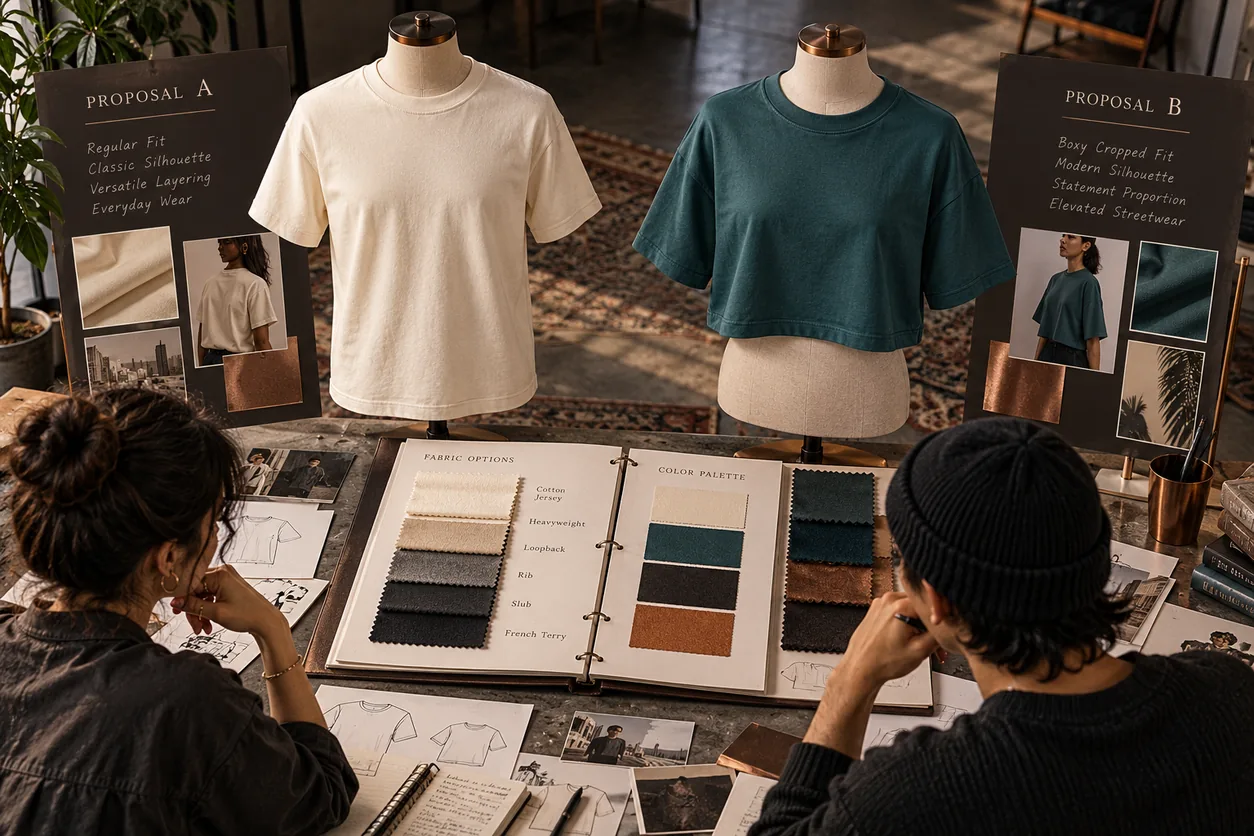 Regular and boxy cropped tee proposals are compared as separate garment directions