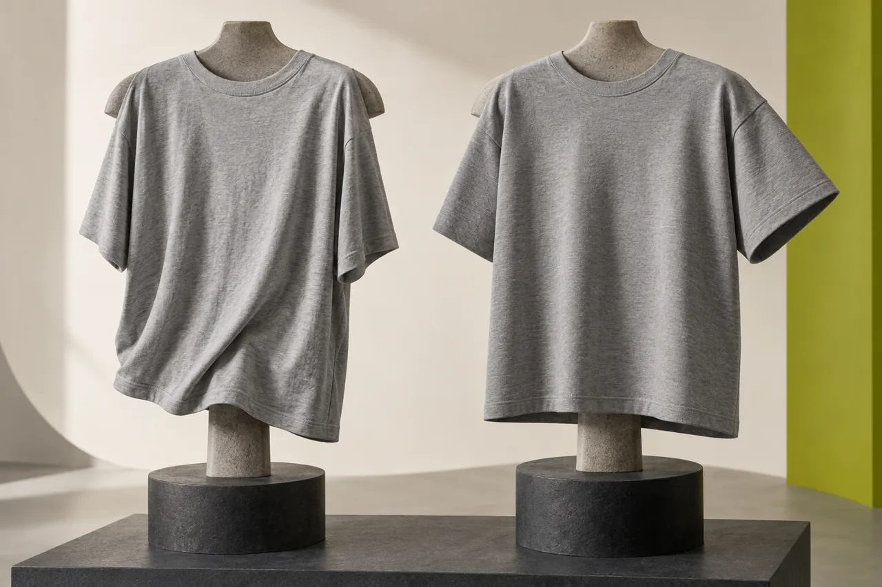 Conceptual grey jersey tees on sculptural stands illustrate a softer drape beside a more structured shoulder and sleeve shape