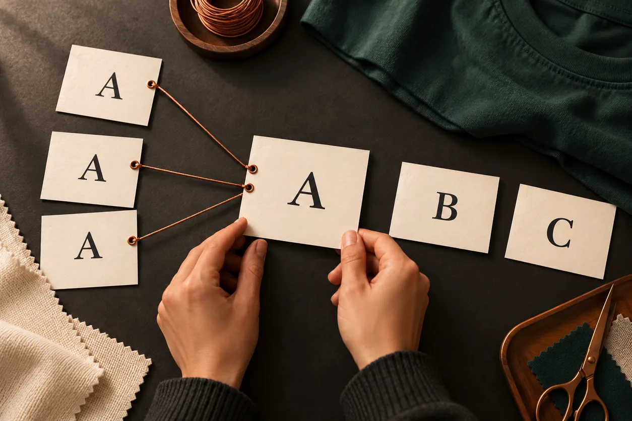 Several cards marked A connect to one A record while B and C remain separate