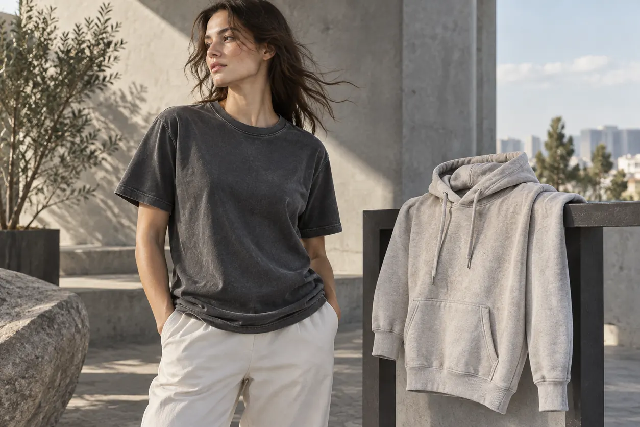 Conceptual adult wearer in a muted charcoal washed-look tee beside a warm-grey hoodie with different tonal effects