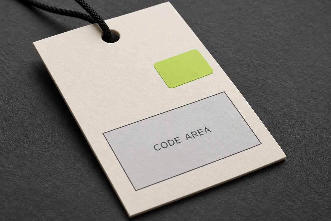 A hangtag layout reserves an empty code area away from its string hole and a separate sticker