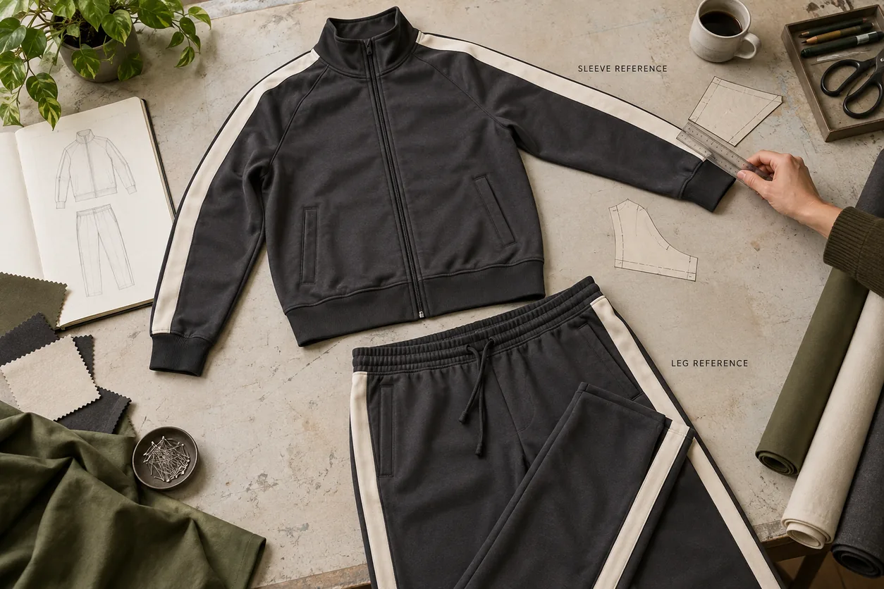Track jacket and trousers laid out separately while a designer examines independent sleeve and leg placement references