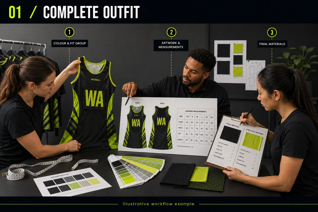 Compare the sample with the colour reference, artwork, measurement chart and material record.