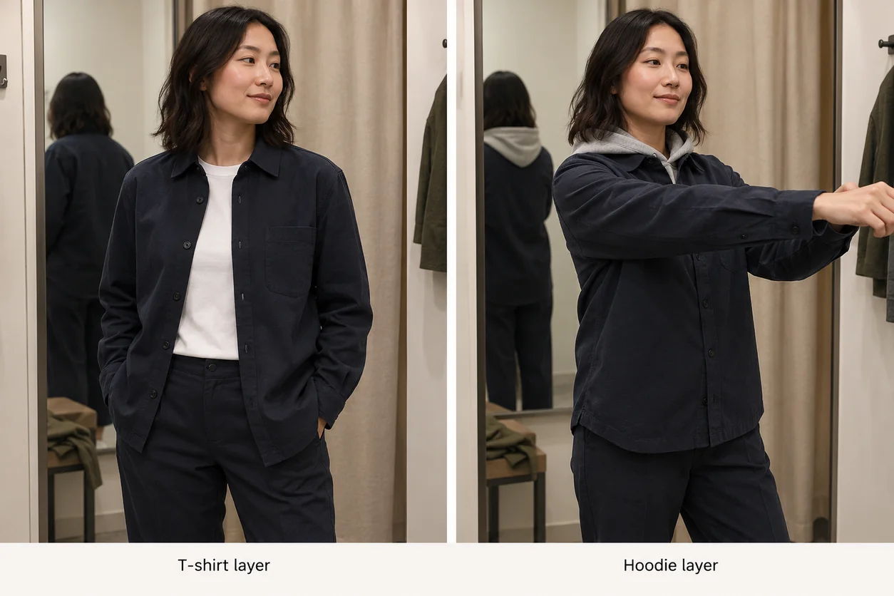 The same conceptual wearer reviews a navy overshirt over a T-shirt and a hoodie, with the underlayer and movement situation explicitly distinguished