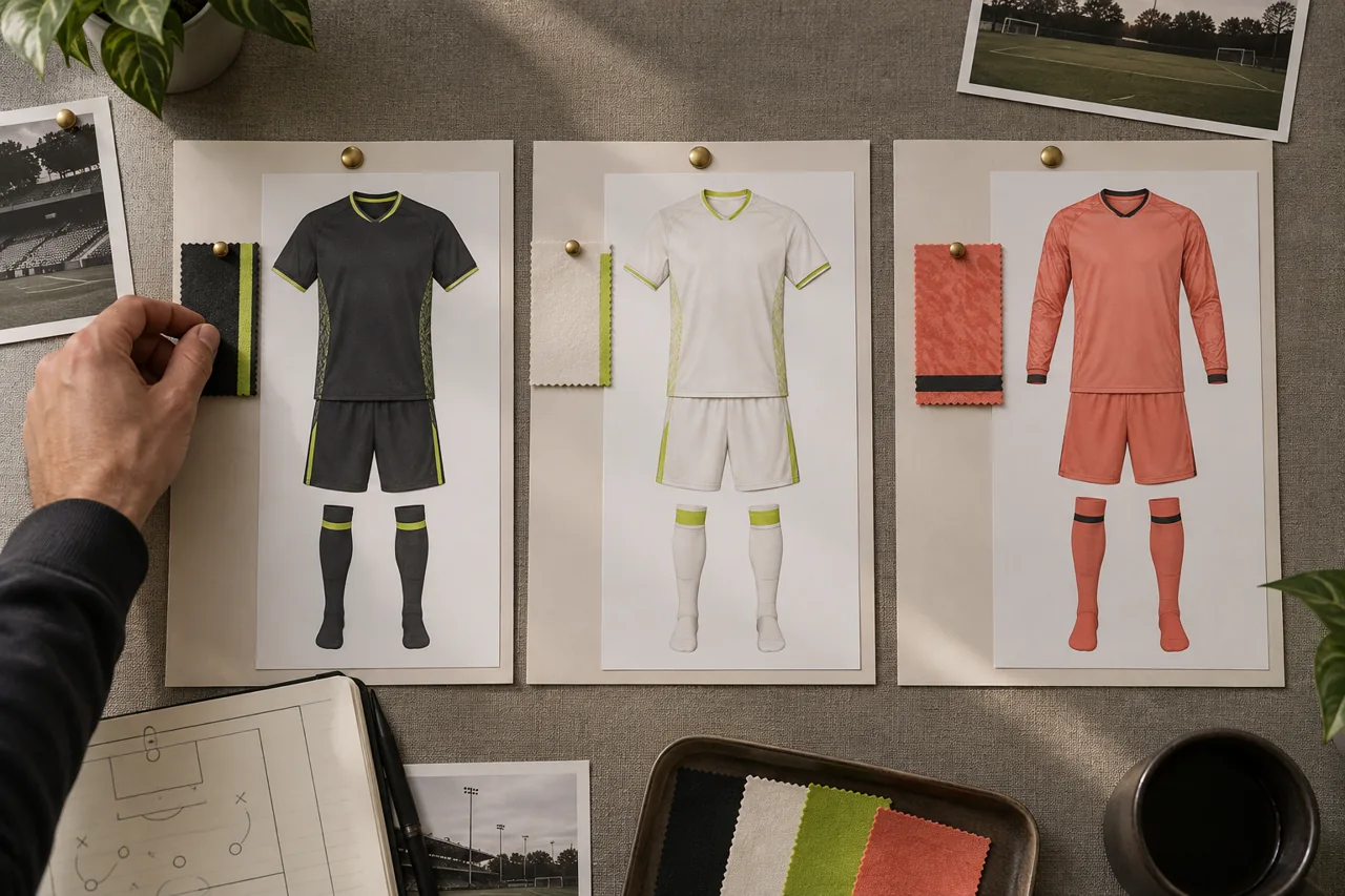 A kit approval board brings dark, light and goalkeeper combinations together with their fabric references.