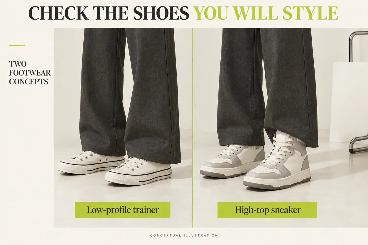 Conceptual comparison of an open trouser hem over a low-profile trainer and a high-top sneaker
