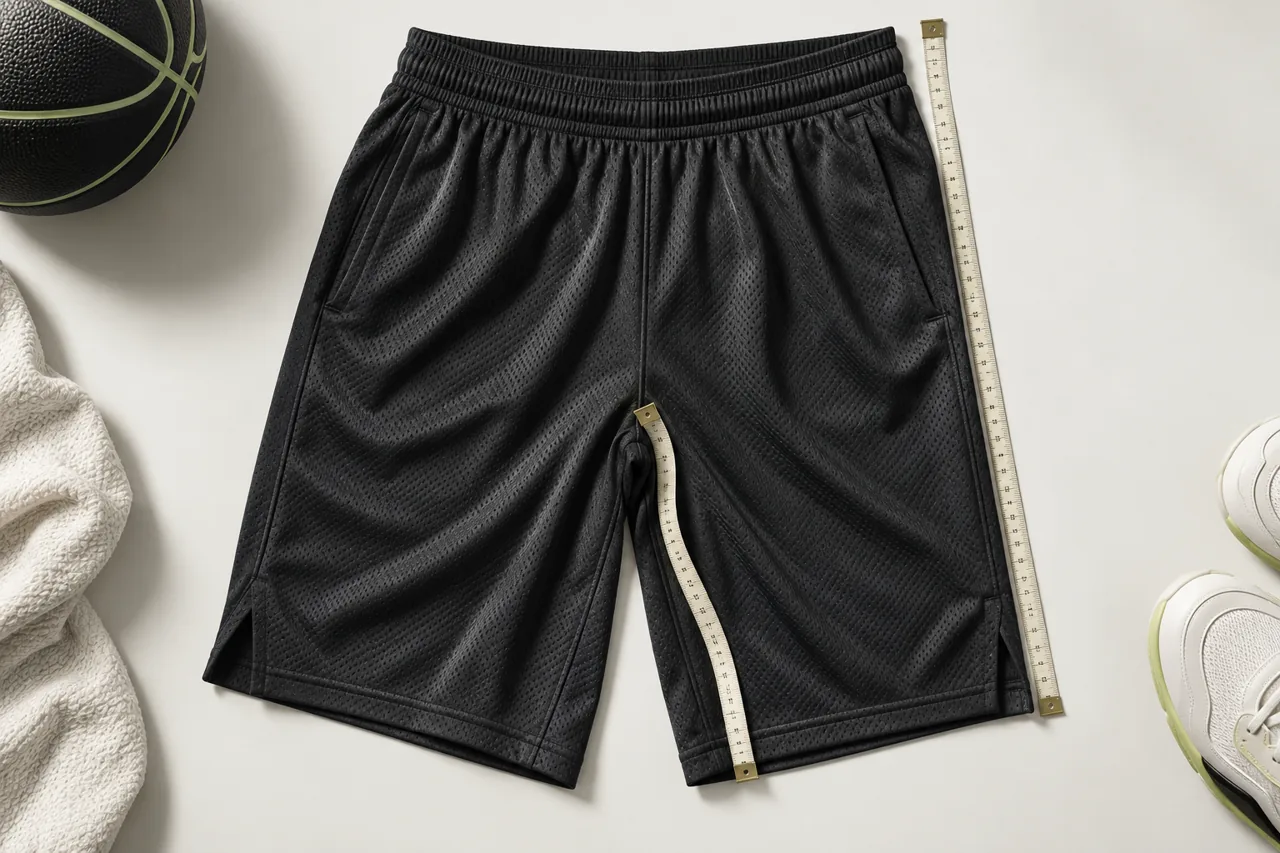 Basketball shorts laid flat with measuring tapes indicating the inner leg and outer side seam