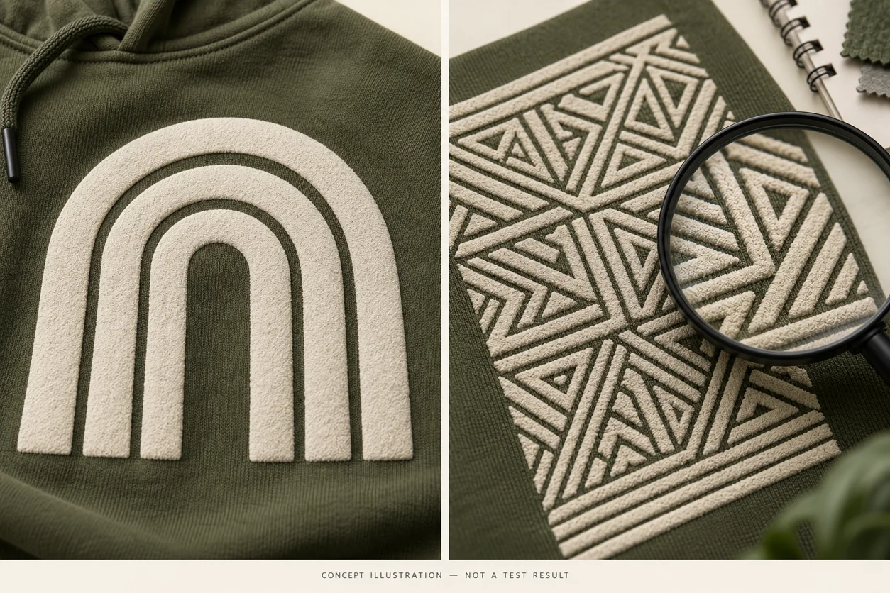 Concept comparison of an open geometric print and crowded fine artwork on hoodie fabric