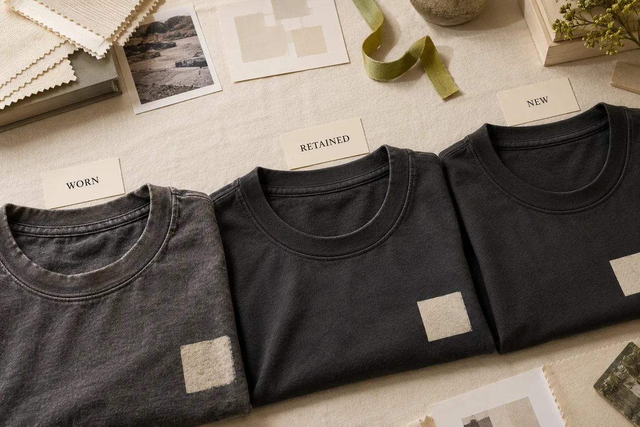 Conceptual worn, retained and new charcoal garments carry distinct history labels