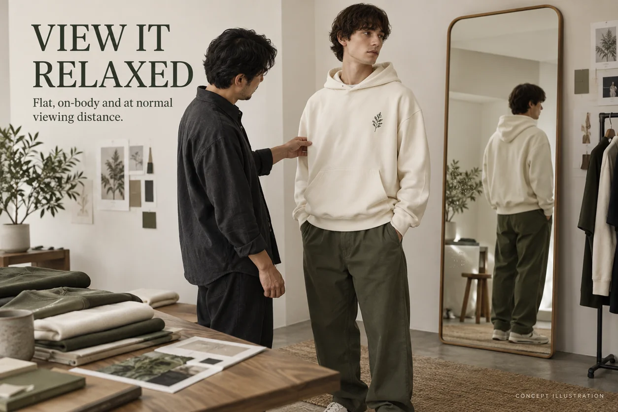 Conceptual fitting-room review of a relaxed embroidered hoodie on an adult wearer