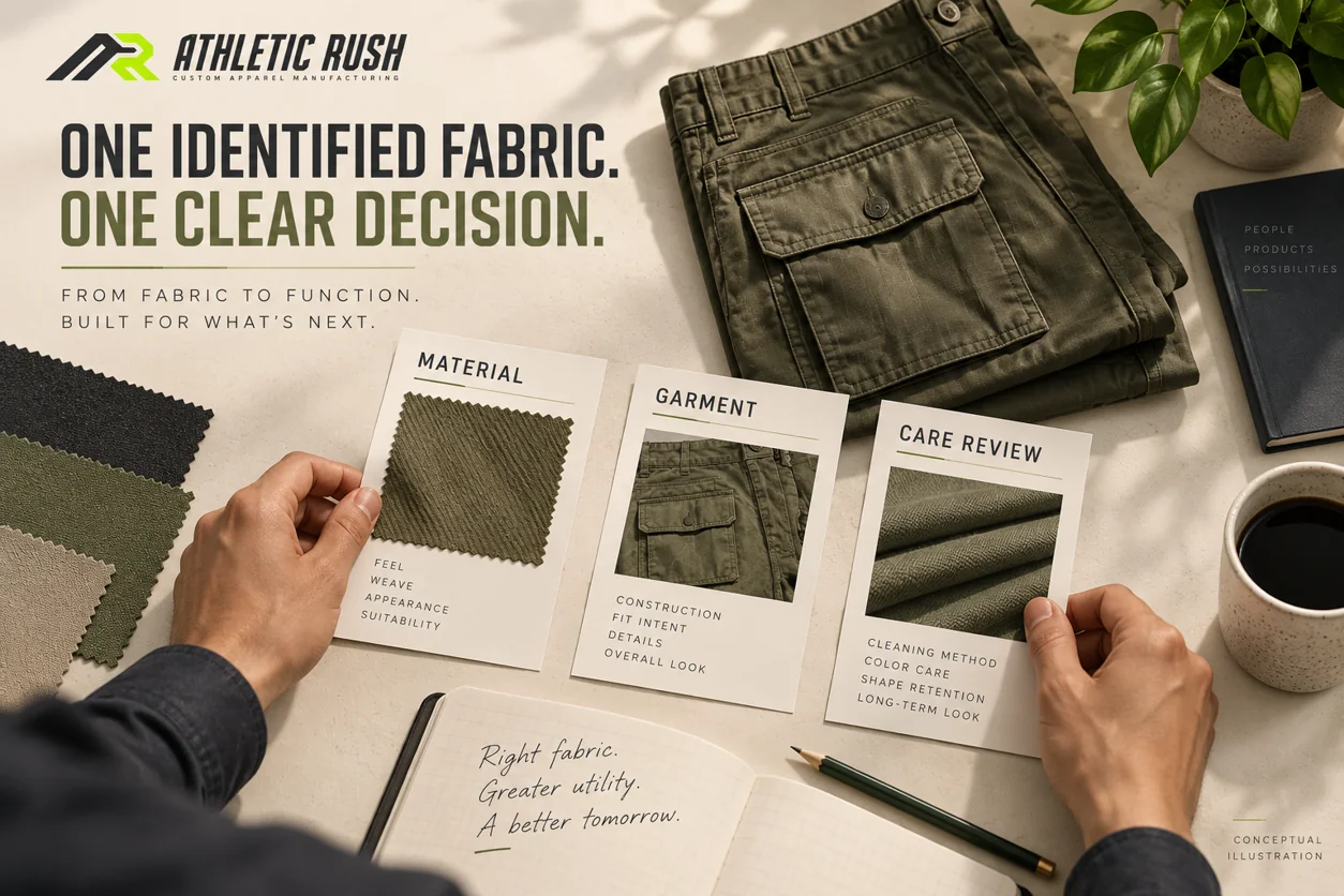 Material, garment and care review records arranged beside an olive cargo sample at a buyer approval desk