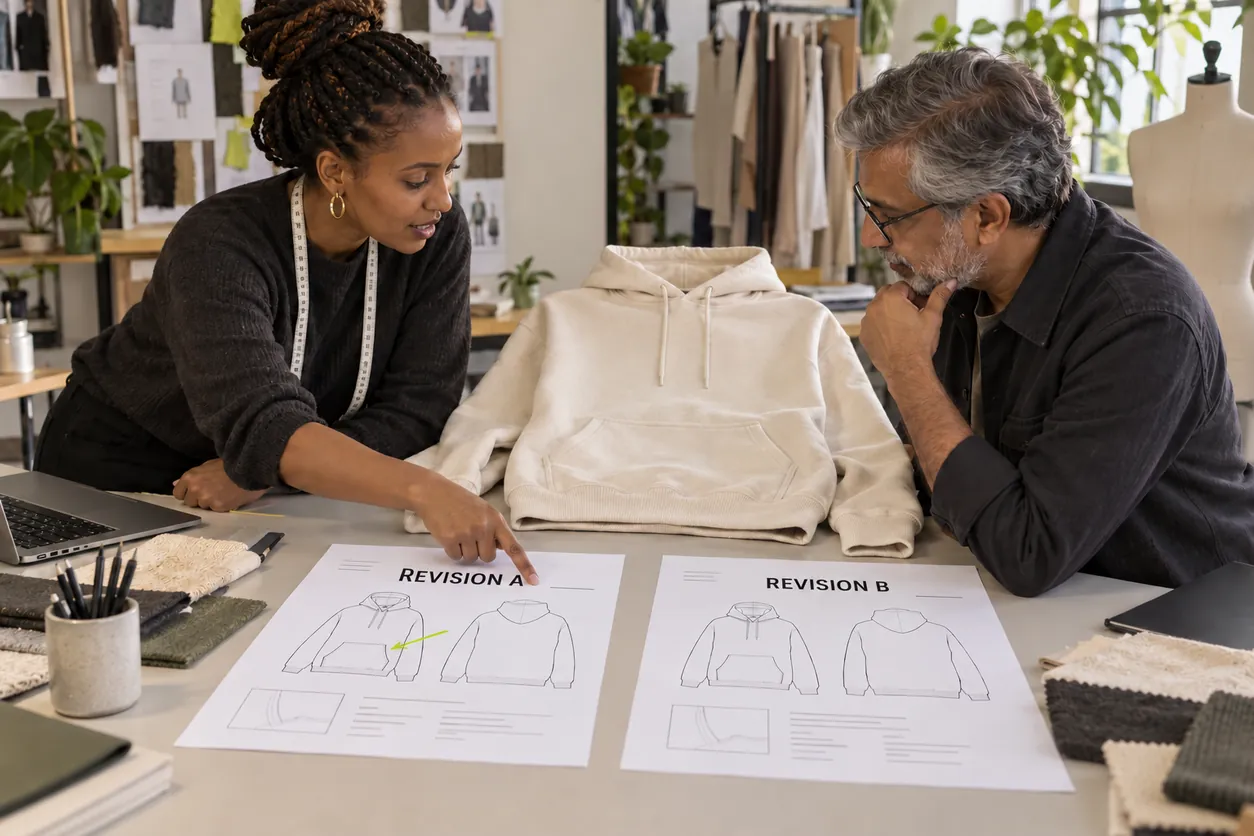 Conceptual clothing-brand designer and garment developer comparing two packet revisions beside an ecru hoodie