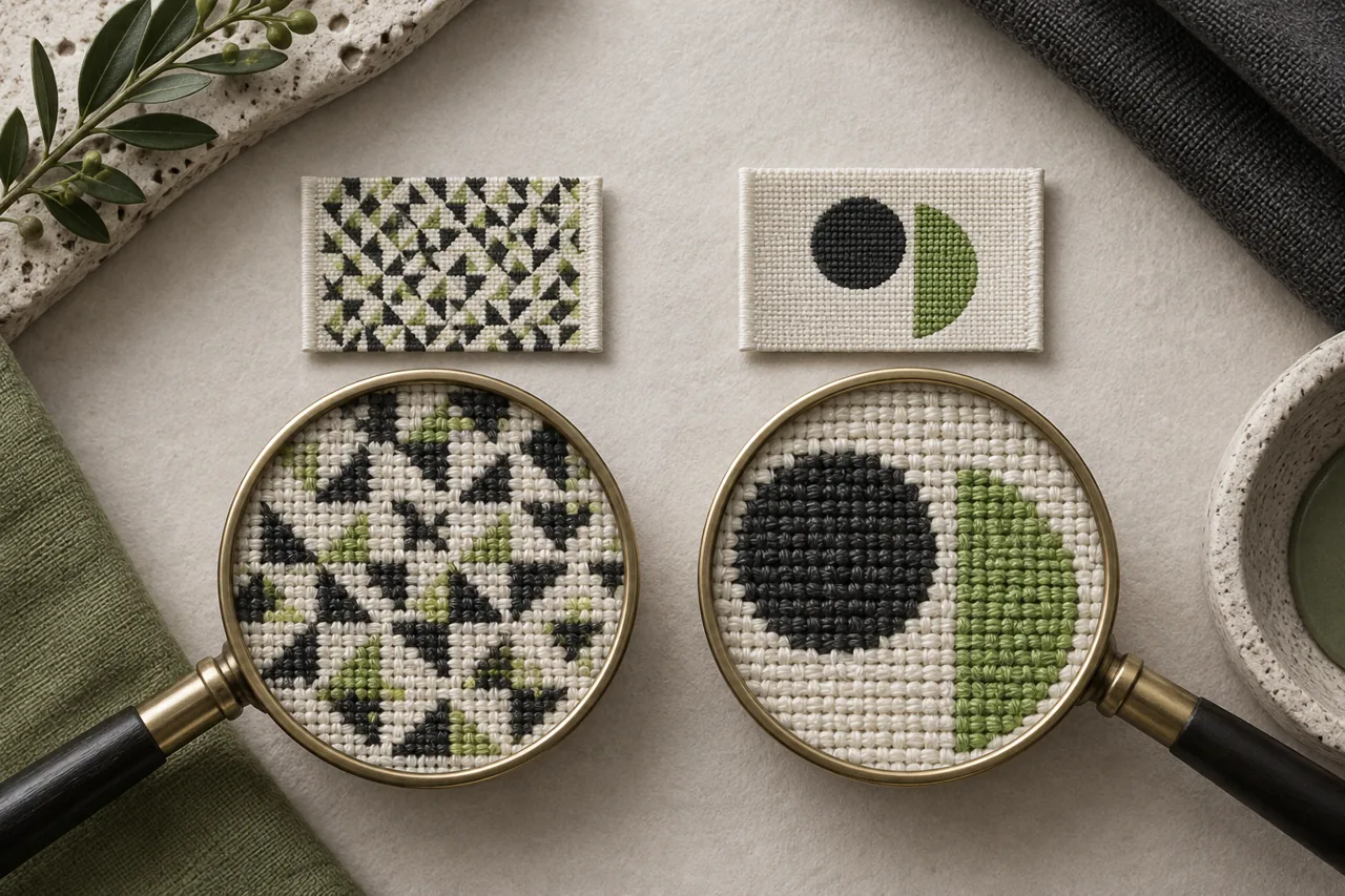 Two abstract label designs under magnifying lenses illustrating dense detail and a simpler bold mark