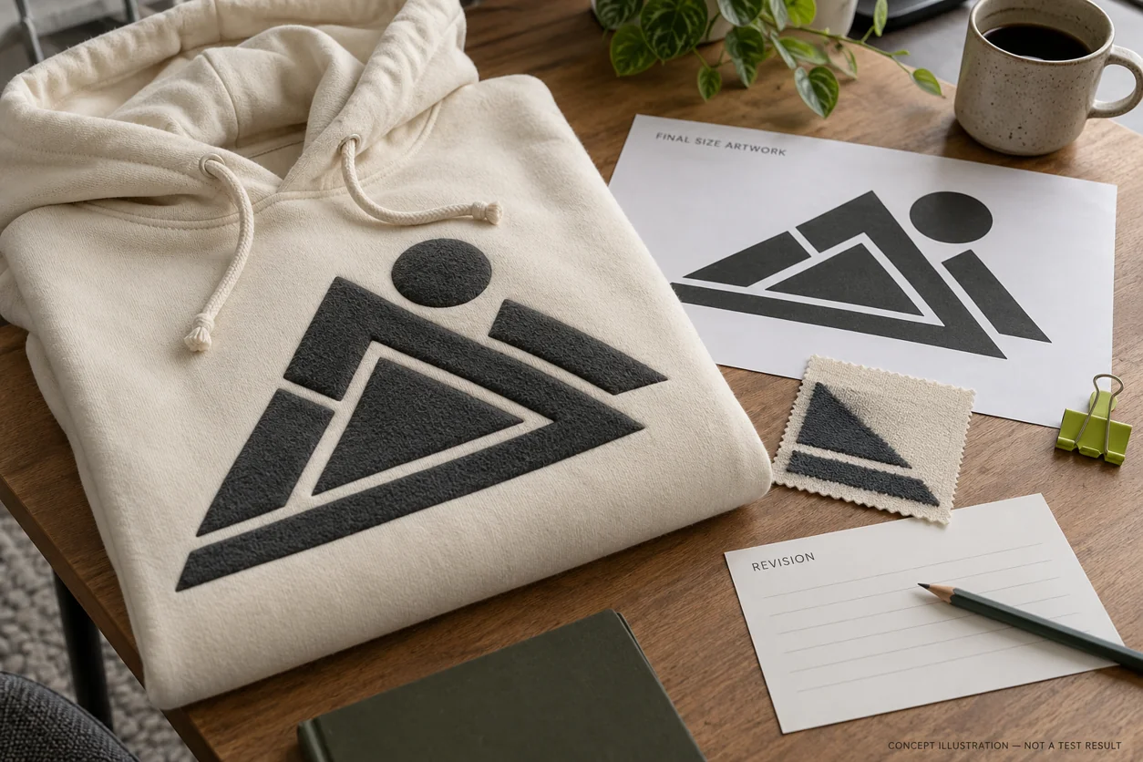 Concept approval desk with decorated hoodie, final-size artwork and retained fabric reference