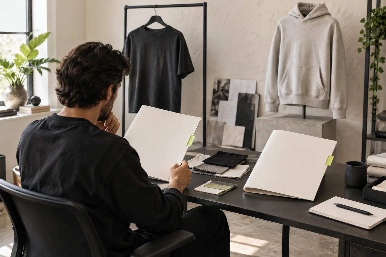 A founder compares two plain quotation folders beside a charcoal T-shirt and a stone hoodie