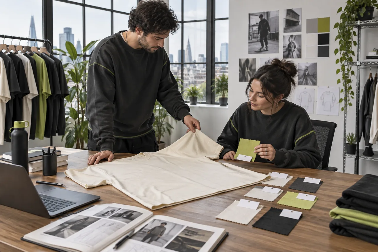 Conceptual clothing designers reviewing a T-shirt and fabric swatches in a studio