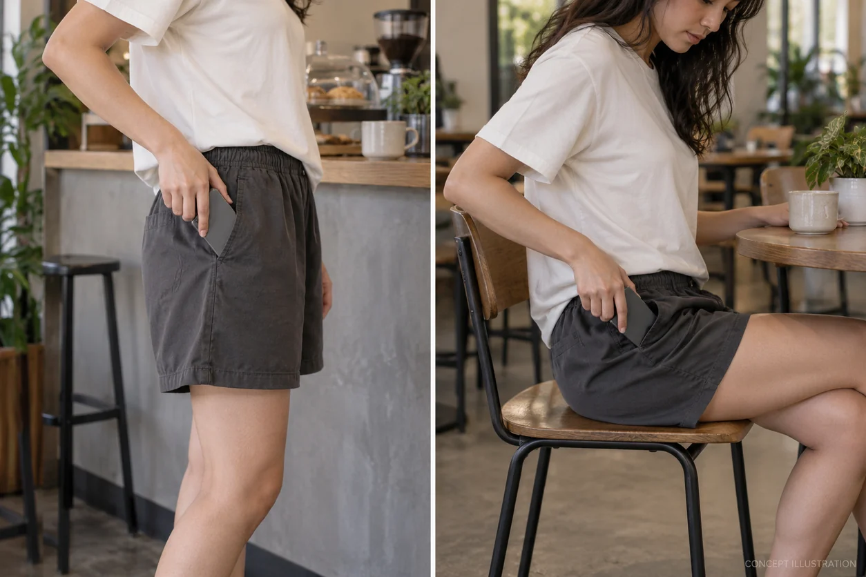 The same conceptual adult wearer inserts a phone while standing and retrieves it while seated to illustrate two different pocket-access situations
