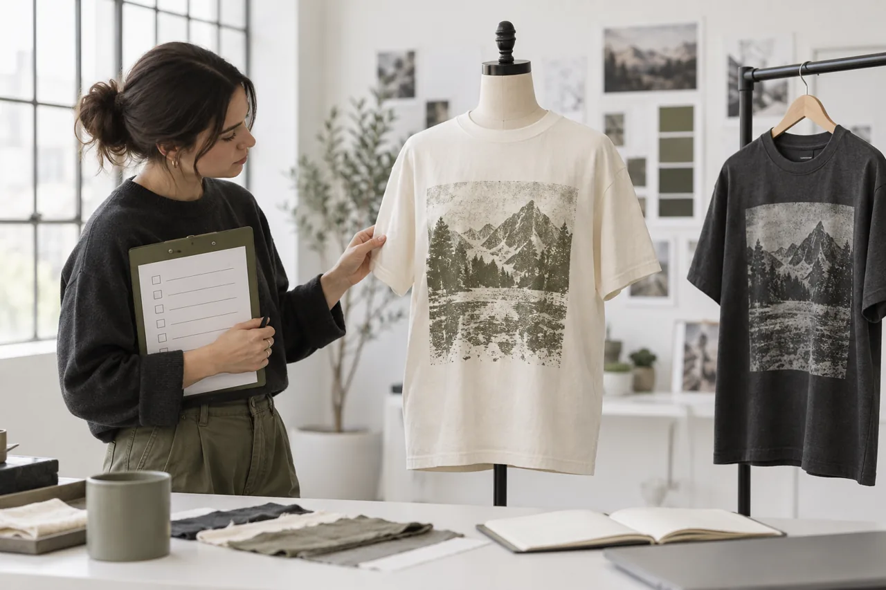 Conceptual buyer checking a finished printed T-shirt against a retained garment reference