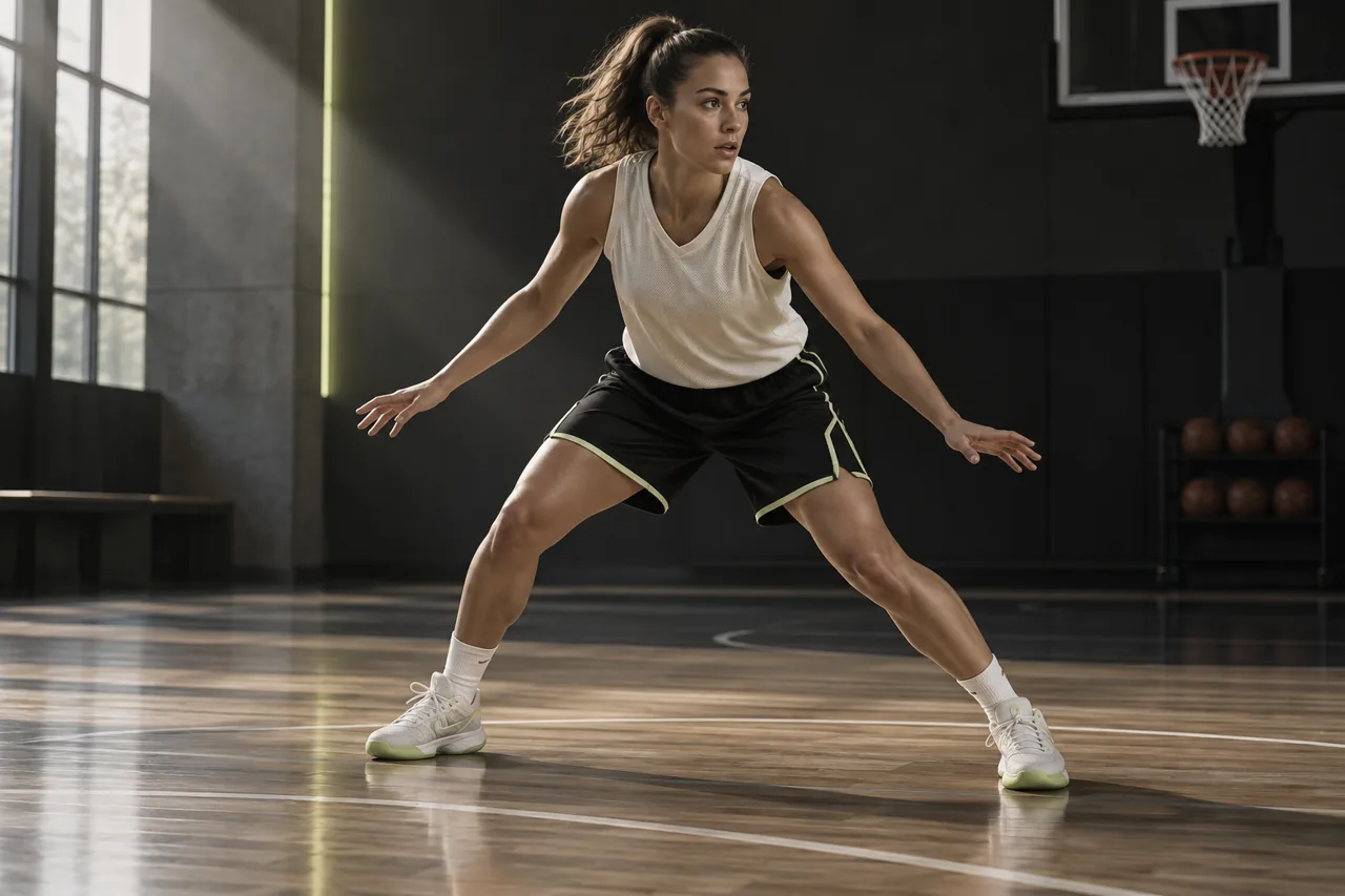 Basketball player in a lateral defensive stance demonstrating shorts movement through the hips and thighs
