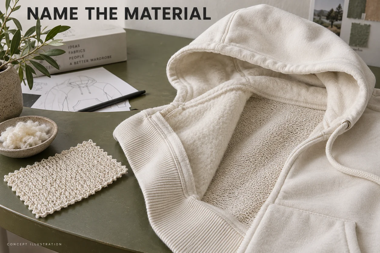 Conceptual close-up of hoodie inner surfaces, a separate loopback swatch and rib for a precise material brief