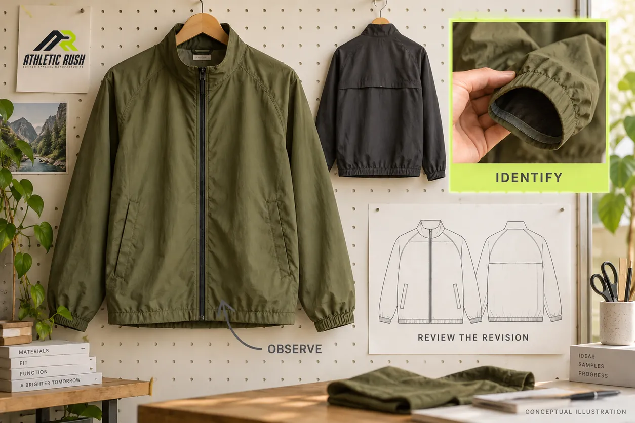 Conceptual jacket review wall connects an observed hem, identified inside cuff and a revised garment proposal