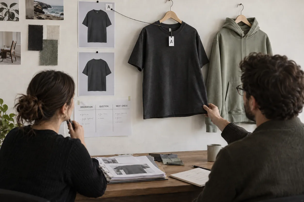 Conceptual evidence wall linking a physical tee to identified photographs and an observation, question and next-check sheet