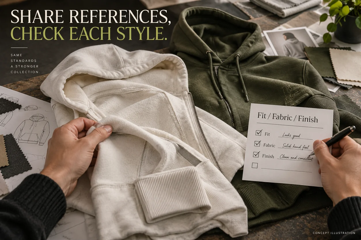 Conceptual comparison of hoodie fabric, rib, seams and zipper details against a style-specific sample checklist