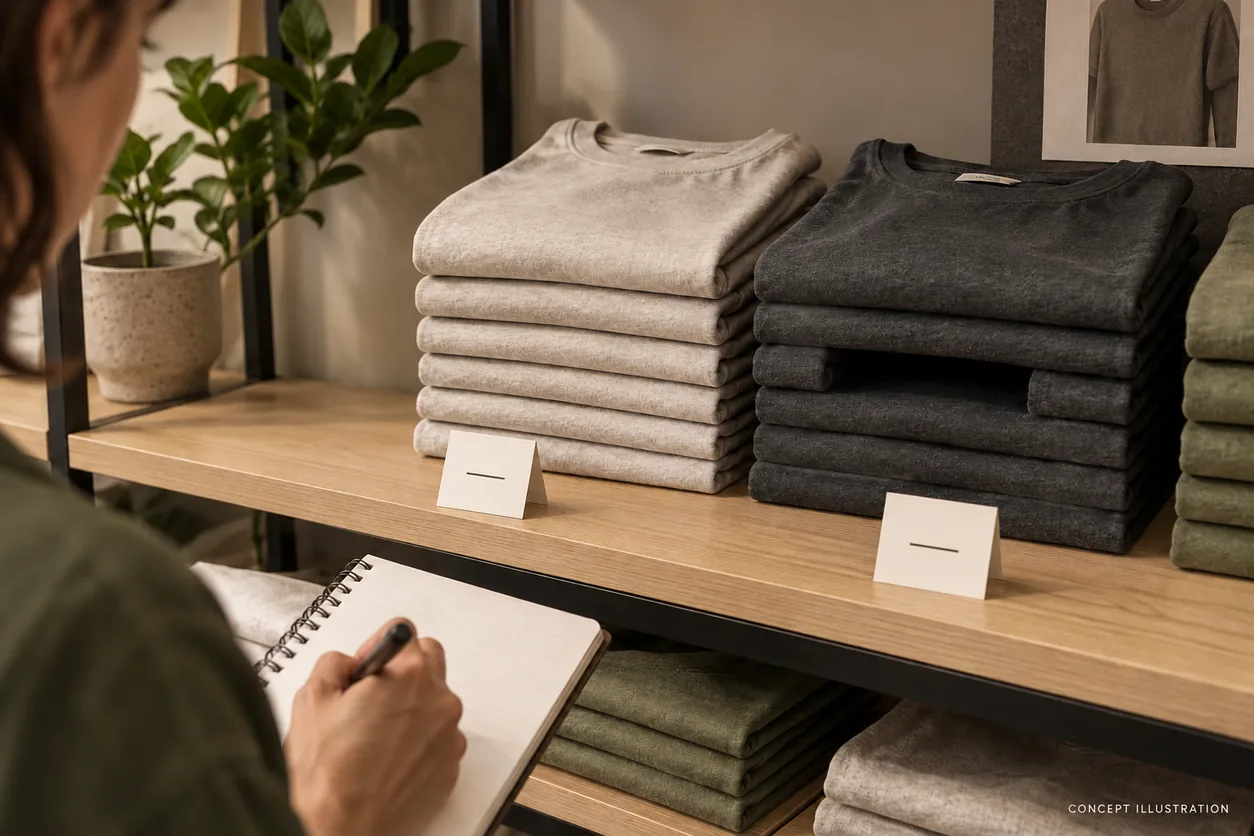 A buyer records observations beside folded T-shirt colors while reviewing stock availability