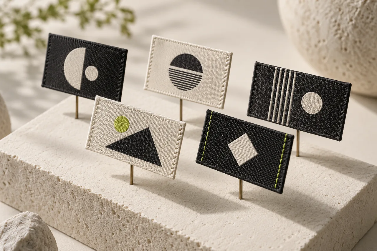 A gallery of small woven labels with different abstract motifs and contrasting thread colours