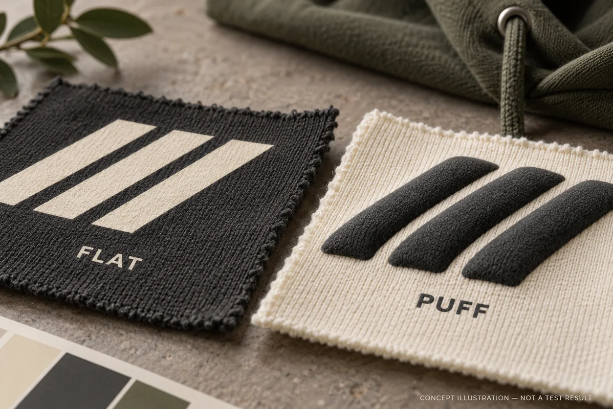 Concept low-angle comparison of a flat printed stripe and rounded puff ink stripe