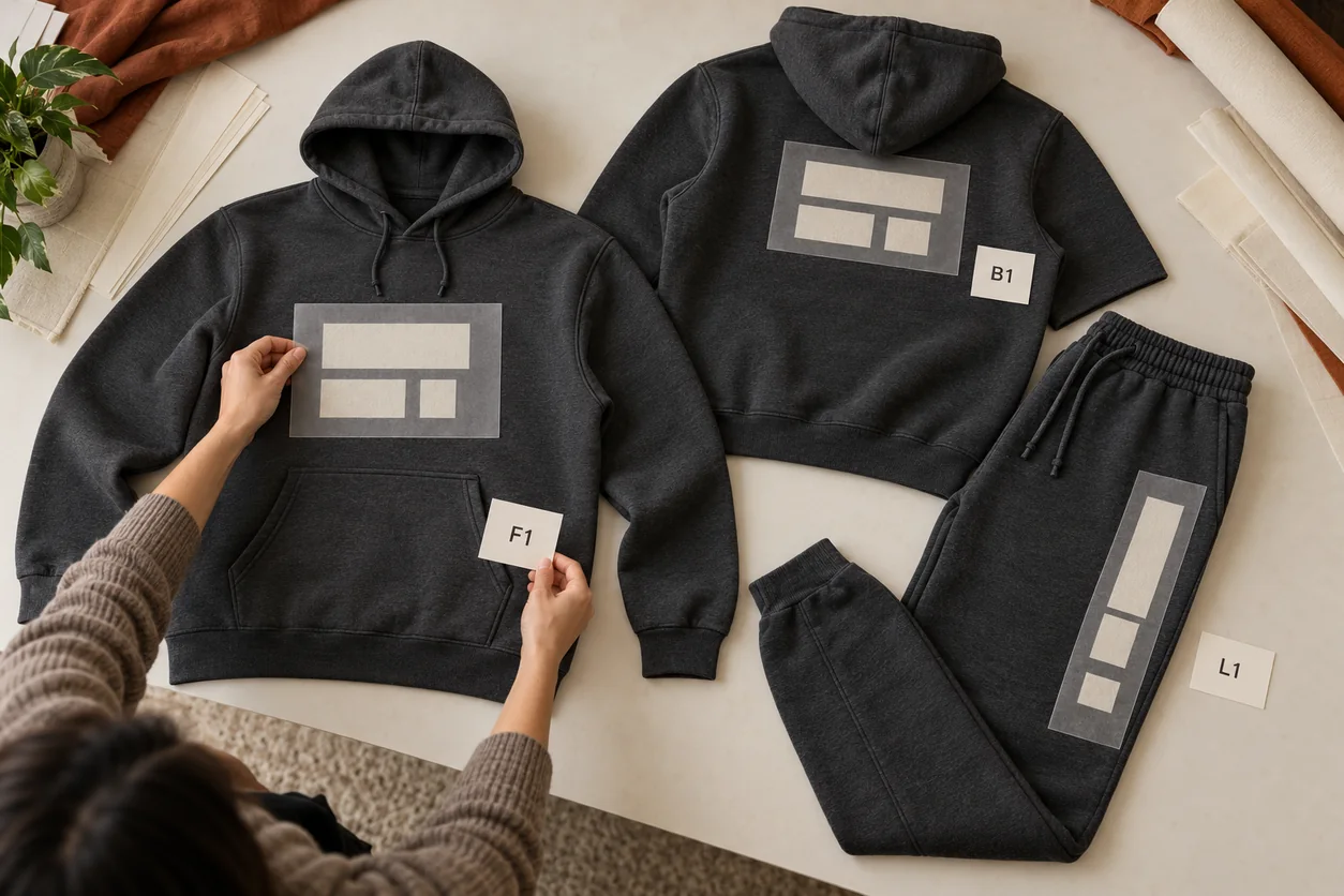 Conceptual overhead layout uses F1 B1 and L1 cards and paper artwork areas to relate graphics to hoodie and jogger construction