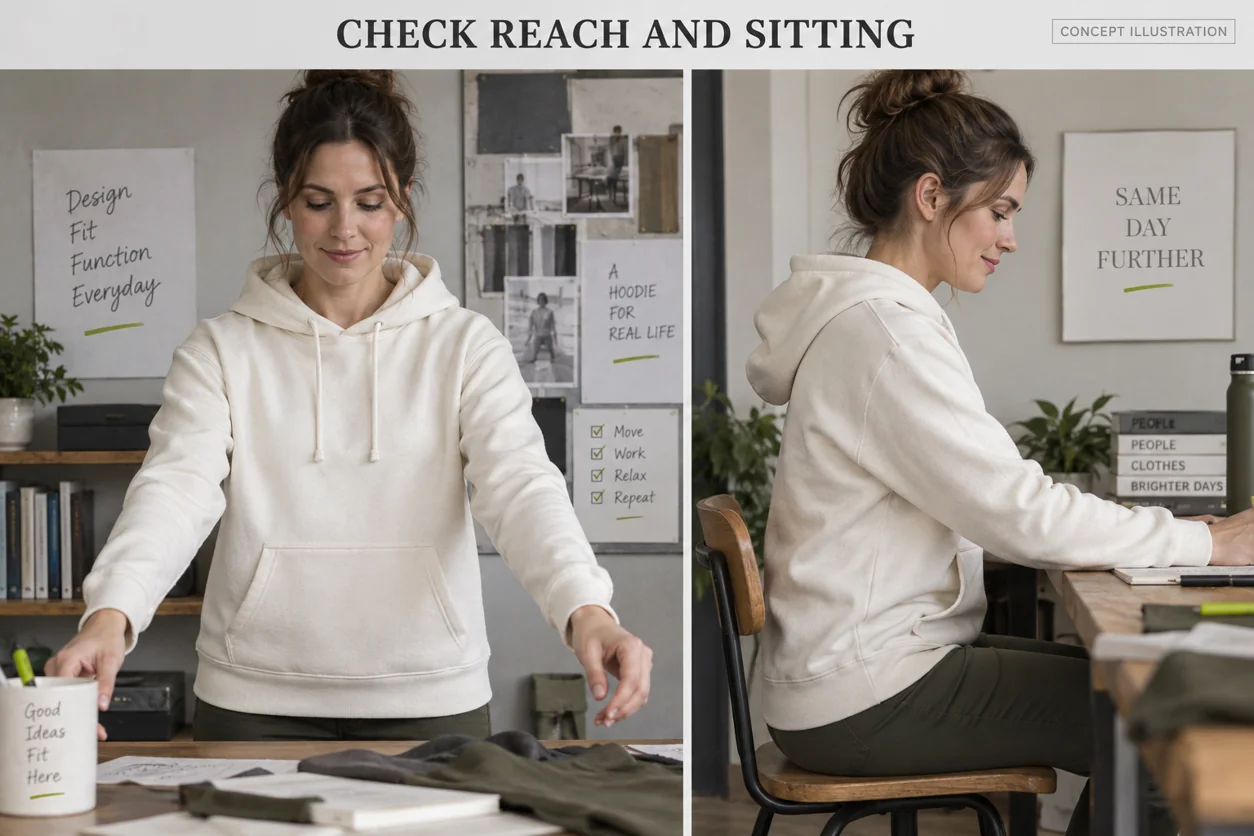 Conceptual forward-reaching and seated checks for an adult wearing a regular-length hoodie