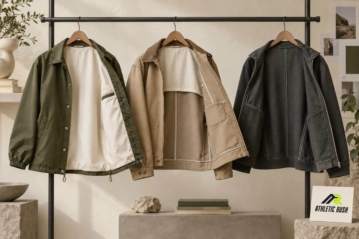 Conceptual studio gallery contrasts an olive fully lined jacket, a sand jacket with partial upper-back lining and a charcoal unlined interior