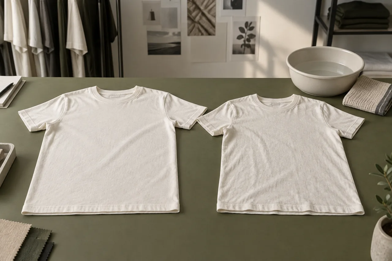 Conceptual garment care comparison with two ivory T-shirts and a wash basin