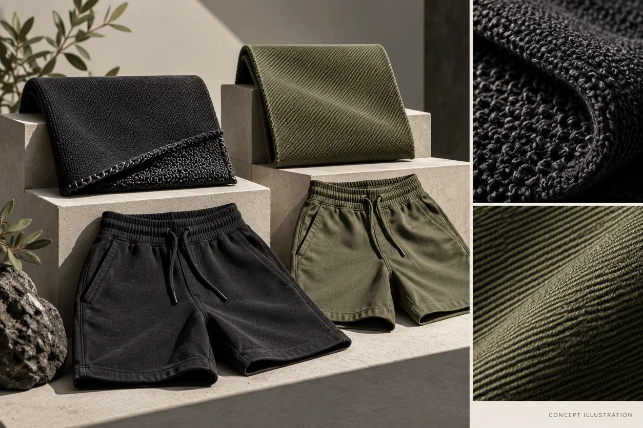 Conceptual loop-back knit and woven twill surfaces are presented with two unbranded shorts prototypes in a material gallery