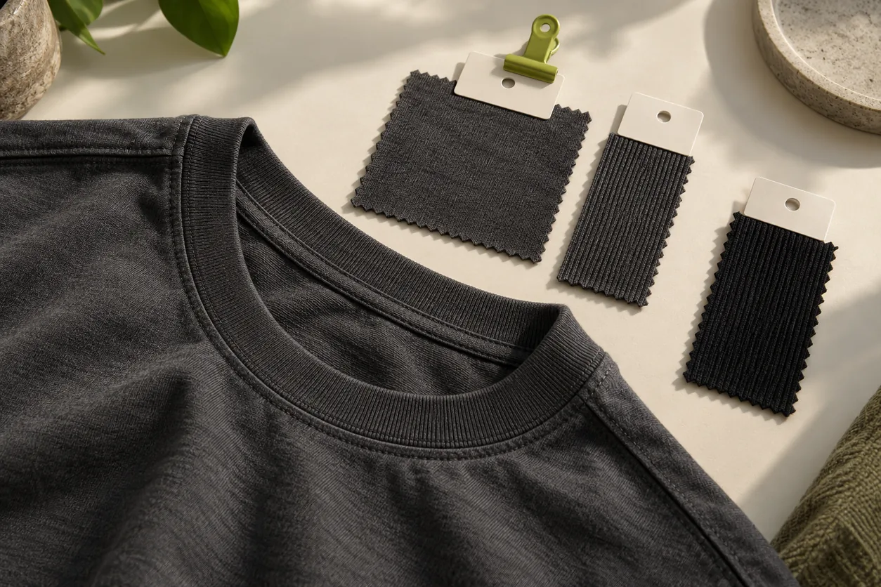 A charcoal T-shirt neckline sits beside matching fabric and rib references with a separate darker rib alternative